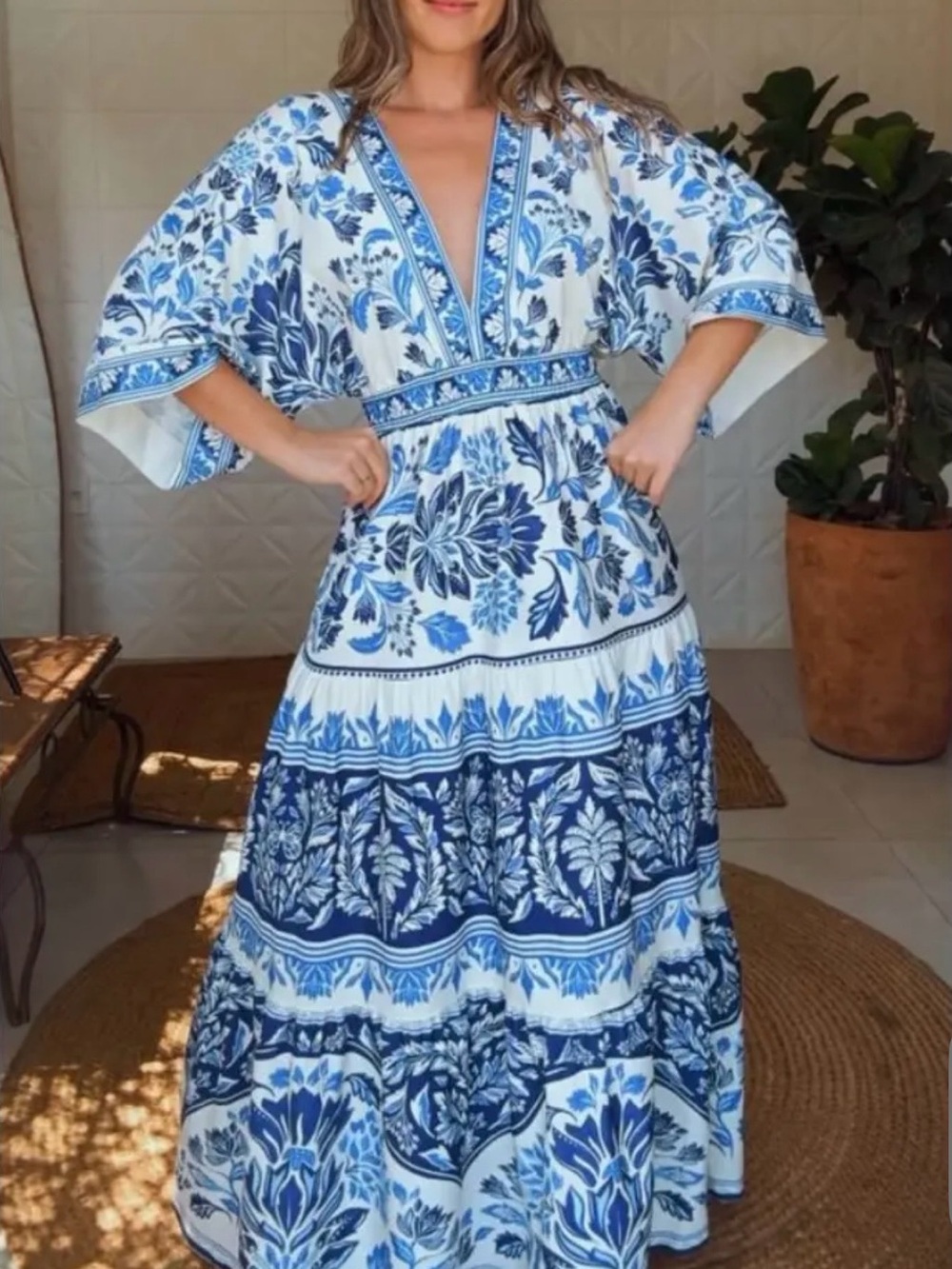 FARM Rio Blue and White Floral Maxi Dress Size L
